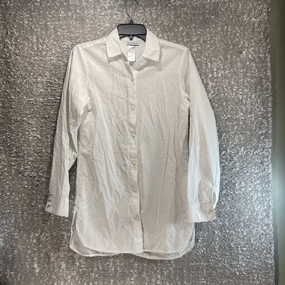 Tommy Bahama Roll Tab Sleeve Button Down‎ Tunic Shirt White Cotton XS Beach